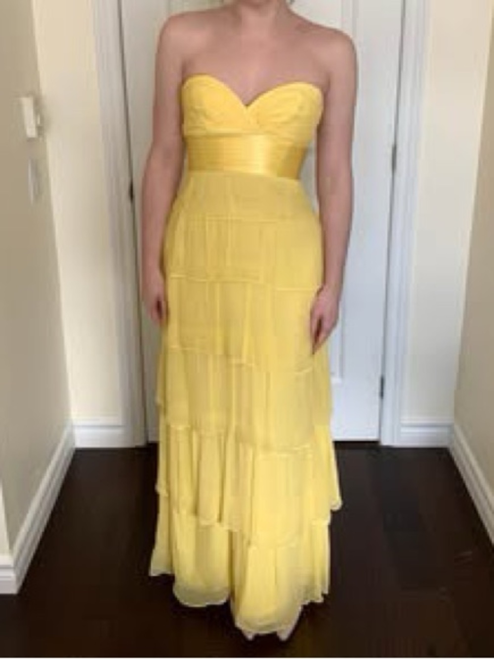 Strapless Yellow Tiered Evening Dress